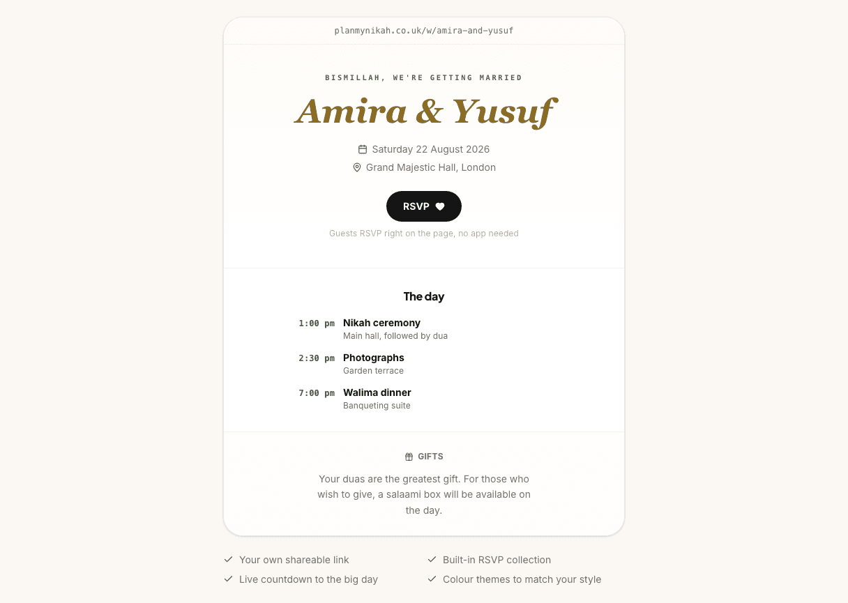 PlanMyNikah wedding website preview showing a sample couple’s page with date, venue, schedule and an RSVP button
