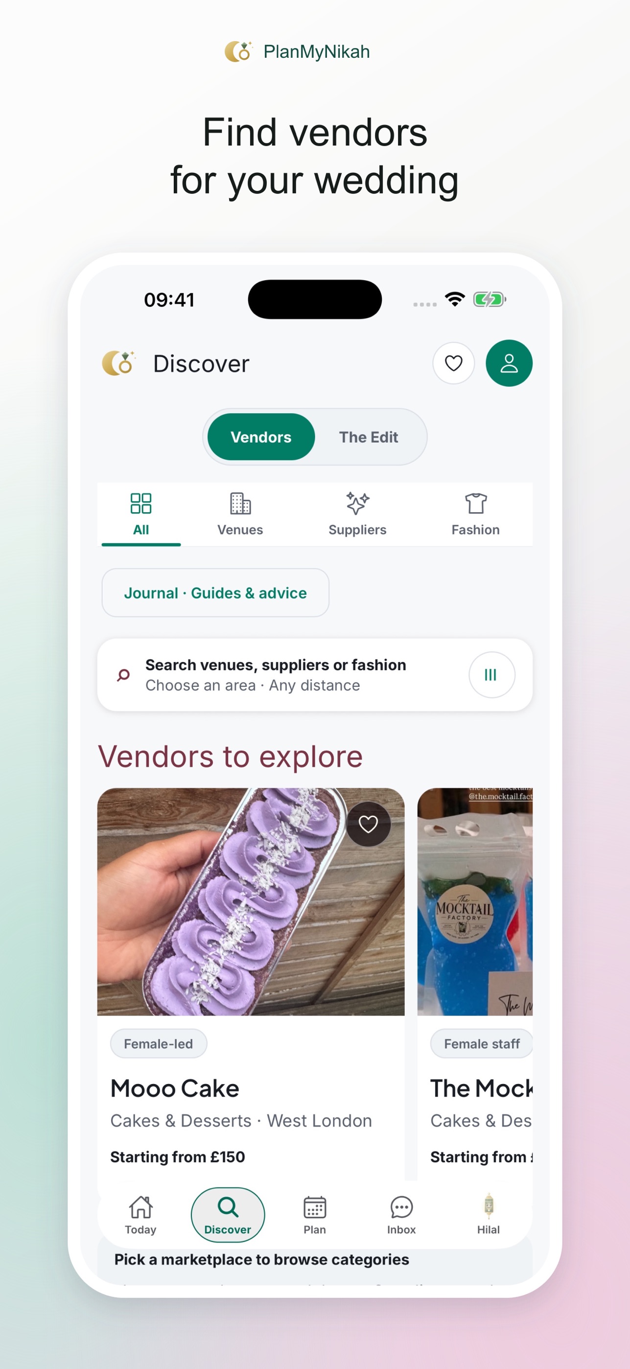 PlanMyNikah iPhone app showing wedding vendor discovery and category search